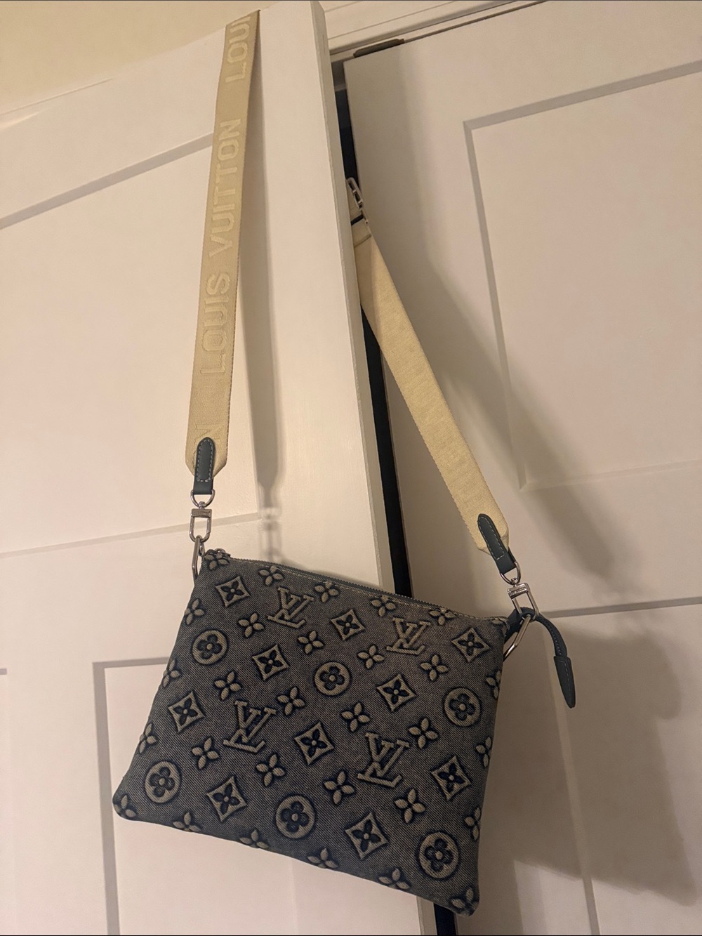 Denim Monogram Crossbody Pouch with Cream Strap
